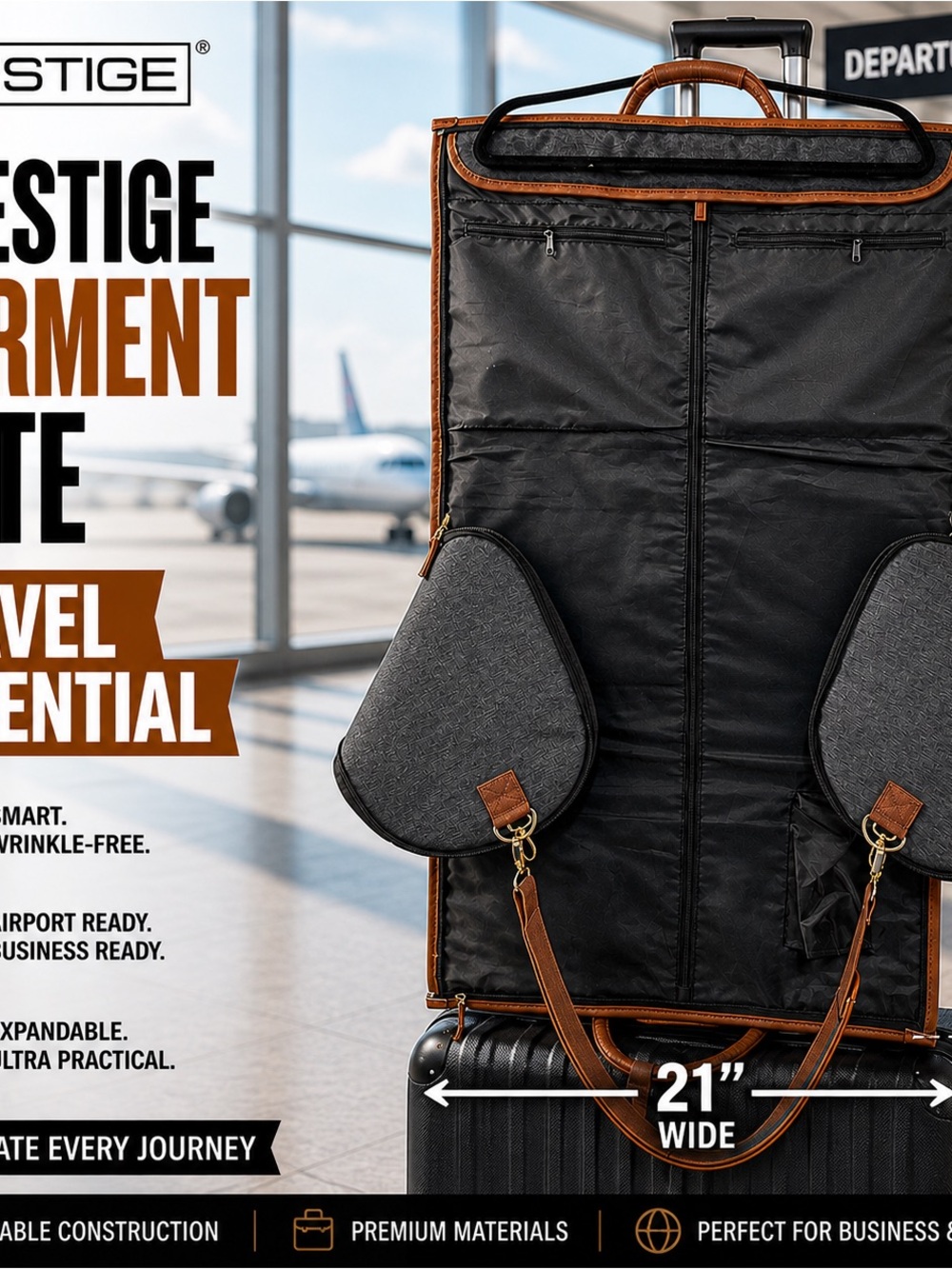 Prestige Women's Travel Garment Bag in Black with Brown Trim